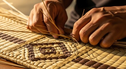 Close-up of hands weaving a traditional mat using natural materials, showcasing intricate patterns and craftsmanship.