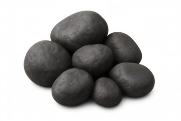 Rounded grey pebbles stacking in small mound, minimalist natural arrangement against clean transparent backdrop