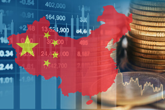 China flag with stock market finance, economy trend graph digital technology.
