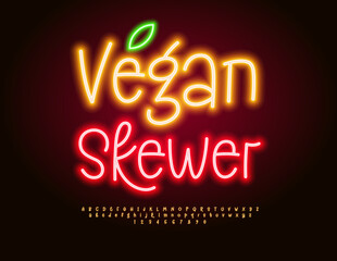 Vector Neon Promotion Vegan Skewer. Glowing Font. Led Illumination Alphabet Letters and Numbers set.