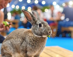 Grey rabbit eating greens in a crowded outdoor venue