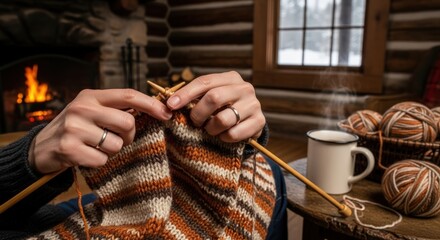 Close-up of hands knitting a striped sock near a fireplace.