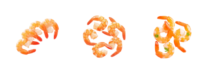 Collection of fresh cooked shrimp arranged in creative patterns on a black background, perfect for food and culinary projects, PNG set, transparent background