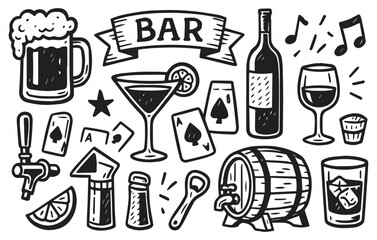 Hand drawn bar doodle collection with beer, wine, cocktail, whiskey, glass, bottle, barrel, cards, music, isolated on transparent background, generative ai