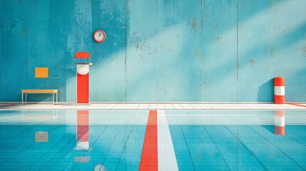 Floating red and white lane divider in a serene indoor blue swimming pool, minimalist design, emphasizes clean lines and open space for a tranquil atmosphere