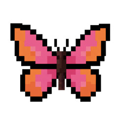 Pixelated Butterfly Illustration with Pink and Orange Wings on Transparent Background