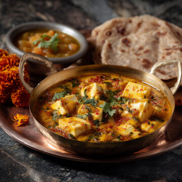 A delicious and festive vegetarian thali platter featuring traditional Indian curries and flatbread. Authentic gourmet cuisine for a celebratory dinner like Diwali