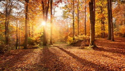 Obraz premium Autumn Forest Scene With Warm Sunlight