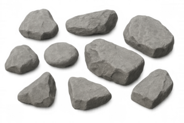 Realistic 3d rendering of various gray stones isolated on transparent background, perfect for architectural visualizations or nature-themed designs
