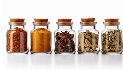 Assortment Of Dried Spices In White Glass Jars Isolated On White Background