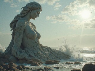 Majestic sand sculpture of a woman by the ocean, waves crashing around her, under a bright sky