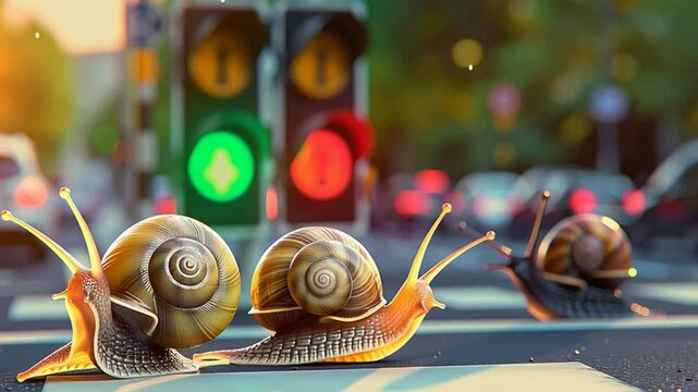 Closeup of snails crossing city street with traffic lights in background
