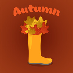 Autumn rubber boot filled with autumn maple leaves. Autumn background. Vector illustration