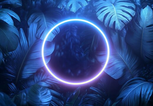 Neon circle glowing amidst lush tropical foliage with monstera and feather like leaves design