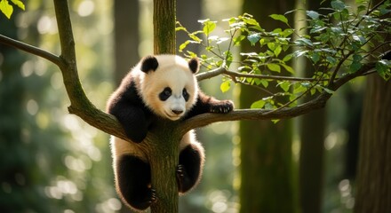 Obraz premium Adorable panda cub clinging to a tree branch in a lush forest.