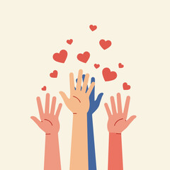 Raised hands with hearts convey love, support, and unity in a diverse community of people.