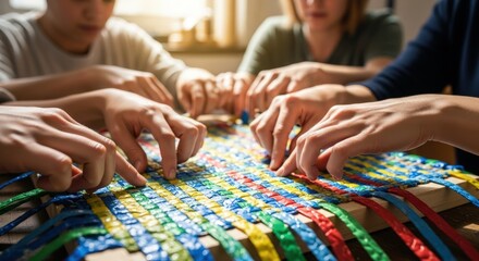 Obraz premium People collaboratively weaving a colorful plastic mat.