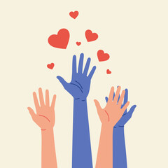 Raised hands of different colors with hearts, symbol of love, support, and diversity.
