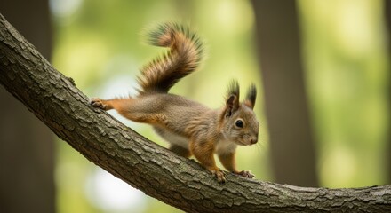 Fototapeta premium A nimble red squirrel with a fluffy tail balances on a thick tree branch in a sunlit forest.