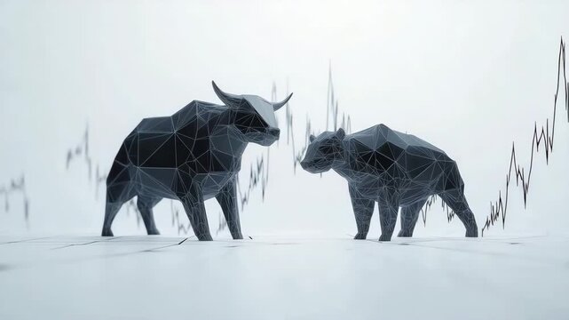 A bull and a bear face each other in front of a rising and falling stock market chart.