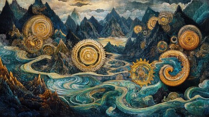 Mountainous landscape with intricate gears
