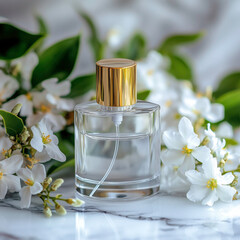 A bottle of perfume is sitting on a table next to a bunch of white flowers