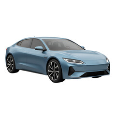 Obraz premium A modern light blue electric sedan car with a sleek, aerodynamic design, isolated on a clean white background.