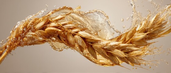 Golden Malt Grain Surrounded by Splashes of Liquid Water