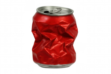 Crushed red soda can isolated on transparent background, symbolizing recycling and waste reduction