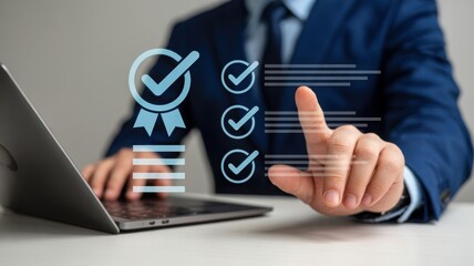 Man using laptop for online checklist and quality assurance concept
