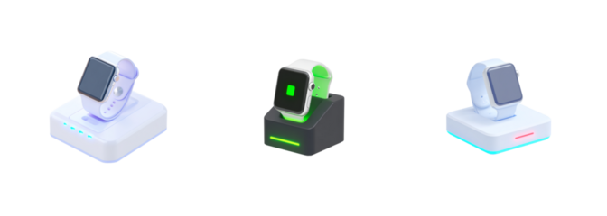 Modern smart watch charging on futuristic docks with neon glow, tech gadget concept, isolated PNG set