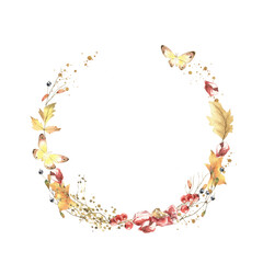 A wreath of autumn leaves, wild berries, dried herbs, butterflies and gold splashes. Watercolor hand drawn illustration isolated on white. Cozy warmth forest design for print, card, fall decoration.