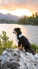 Dog on a rock overlooking a lake at sunset
