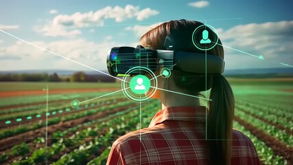 Young woman using virtual reality headset in a lush green field, exploring agricultural technology - Powered by Adobe