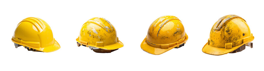 Fototapeta premium Diverse Collection of Yellow Construction Hard Hats, Pristine to Worn, Isolated PNG Set with Transparent Background