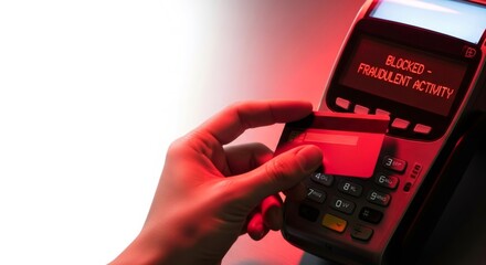 Woman attempts to use a credit card on a payment terminal displaying "BLOCKED - FRAUDULENT ACTIVITY", concept of financial fraud awareness and theft.