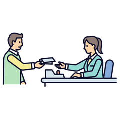 Man Handing Documents to a Woman at a Desk.