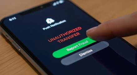 Person touching "report fraud" button on smartphone screen, showing unauthorized transfer notification. Digital scam and online security concept.