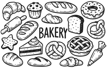 Hand drawn bakery doodle collection with bread, croissant, donut, pie, cake, pretzel, muffin, isolated on transparent background, generative ai