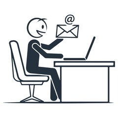 Stick Figure at Desk with Laptop Holding Email Icon.