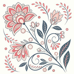 Elegant floral illustration with intricate pink and blue botanical elements and delicate swirling vine patterns on a clean white background perfect for decorative design
