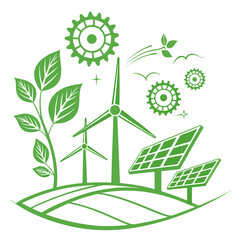 Green energy concept with wind turbines solar panels and growing plant symbolizing renewable resources and sustainable development for a cleaner environment