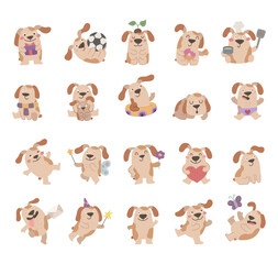 Dog character set in scandinavian style showing funny emotions and various poses with holiday, celebration, birthday, valentine, cooking, butterfly, relaxing, dancing, fairy magic