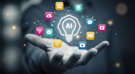 Hand holding light bulb with ai and application icons around
