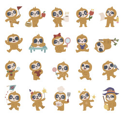 Fototapeta premium Sloth character set in scandinavian style showing different emotions and poses including studying, reading, cooking, sleeping, birthday, valentine, holiday, parade, celebration, festival