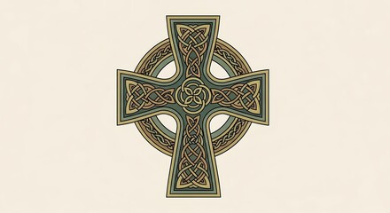 Ornate Celtic cross design displays intricate knotwork patterns in muted greens and golds against a neutral background.