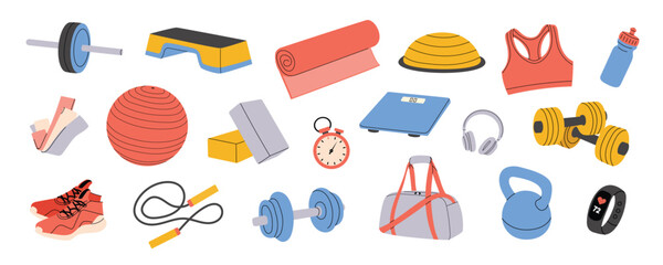 Fototapeta na wymiar Fitness equipment set with gym accessories. Cute flat vector illustration of workout elements: dumbbells, kettlebell, mat, ball, sneakers, sportswear and water bottle. Isolated on white background.