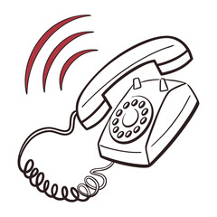 A vintage rotary dial telephone with its handset lifted and red sound waves emanating from it indicating an incoming call or ringing sound isolated on a white background