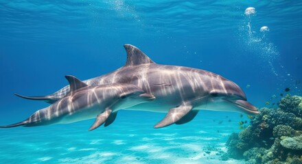 Fototapeta premium Two dolphins swimming gracefully in clear blue ocean water near a coral reef.