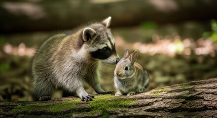 Raccoon and bunny on a log in the woods, interacting closely.